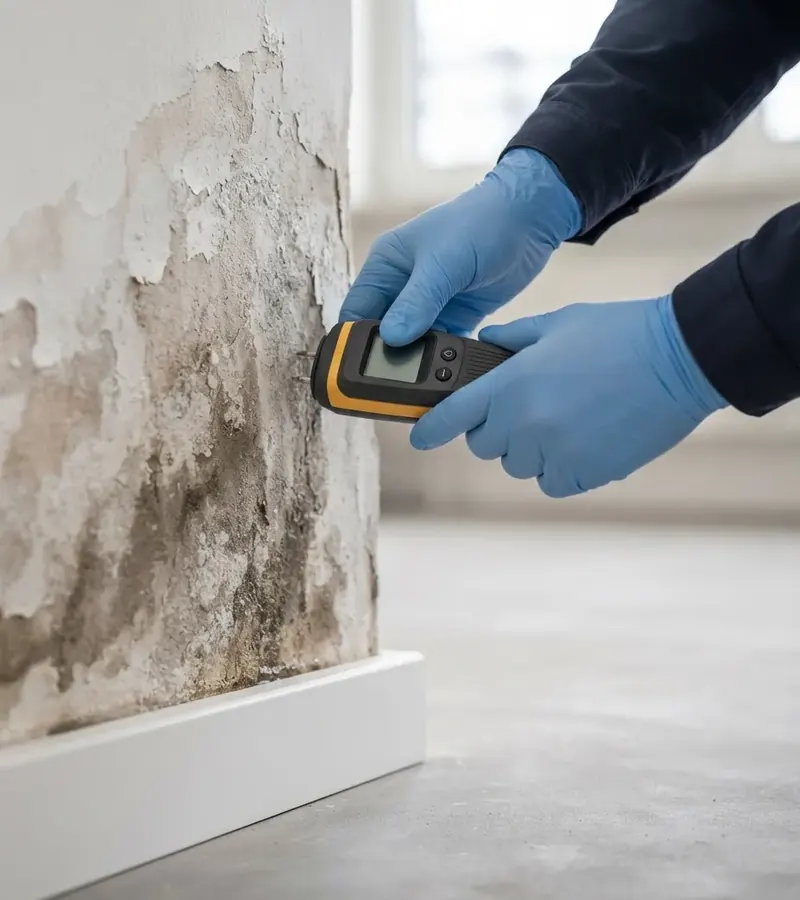 Técnico midiendo la humedad en la parte baja de una pared en Mora