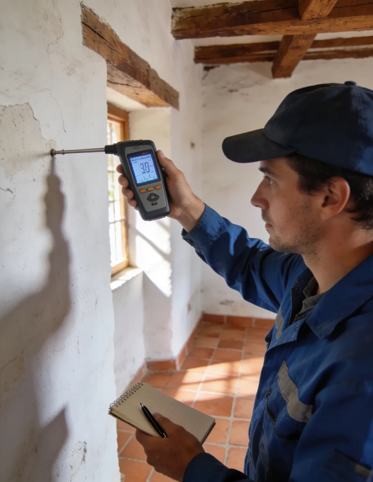 Técnico HUMIX midiendo la humedad de un muro antiguo en Mora